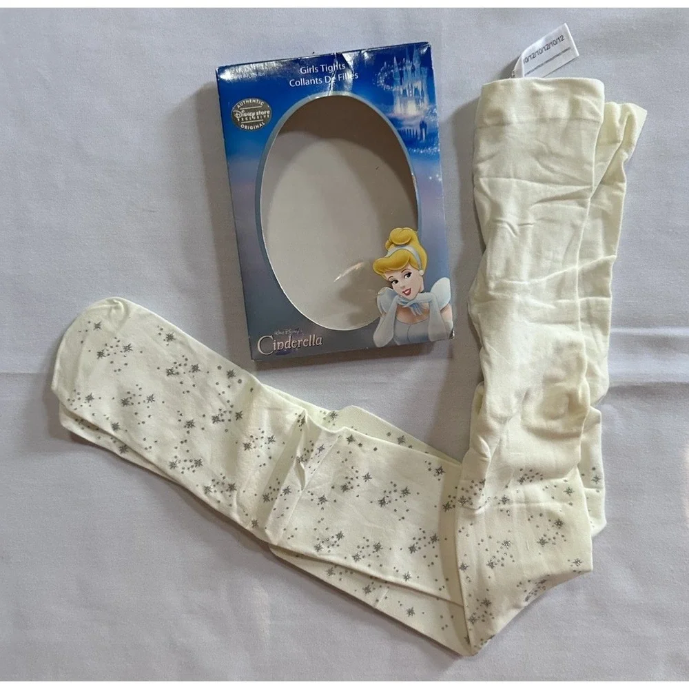 Disney Store Girls' Silver Glitter Stars Printed Nylon Tights 10-12‎ Cinderella